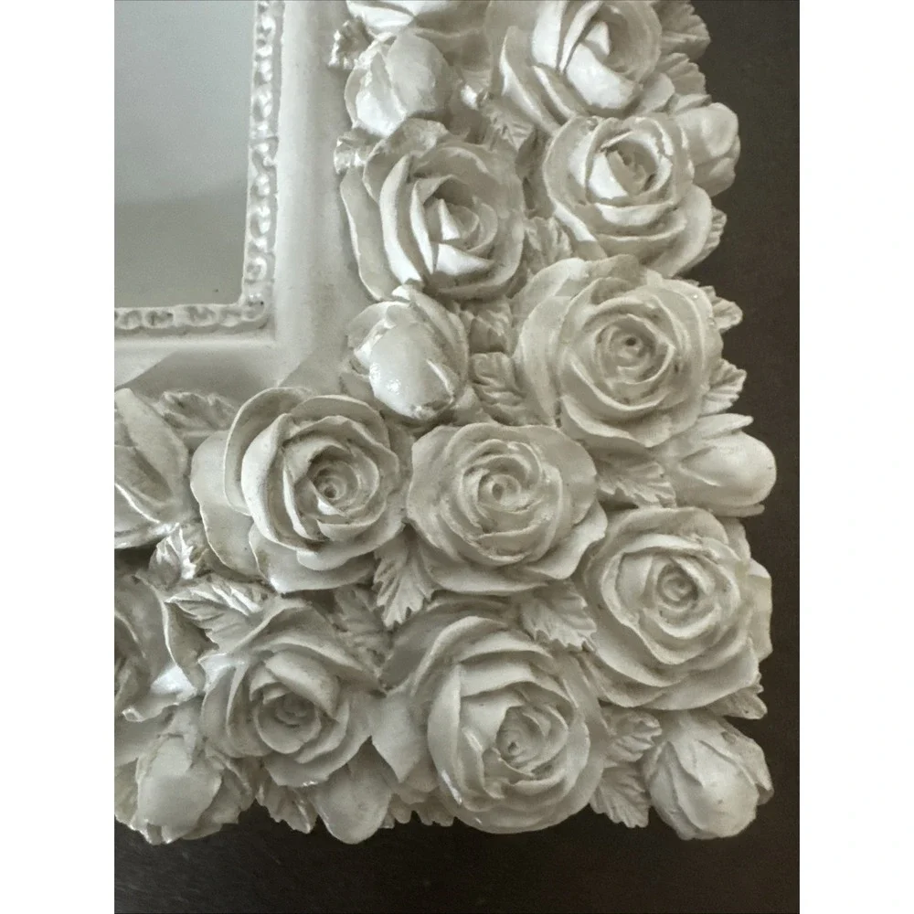White 3D Roses Photo Frame Shabby Chic Cottage Wedding  3x5 Ceramic Felt Back